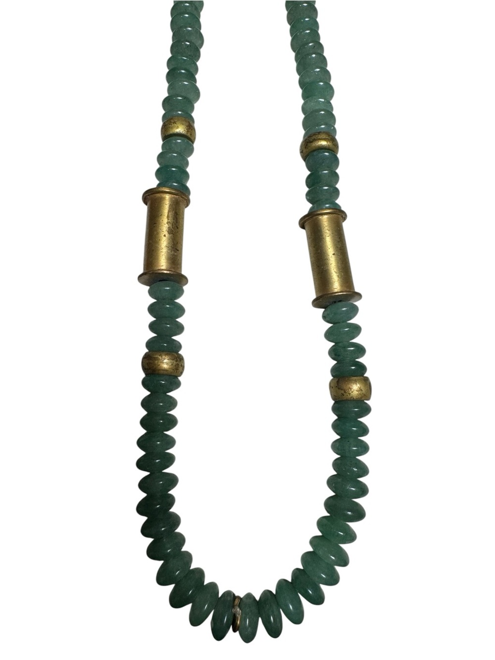 Vintage Jade-Tone Green Stone Beaded Necklace – Long Strand with Brass Spacers - Picture 9 of 13